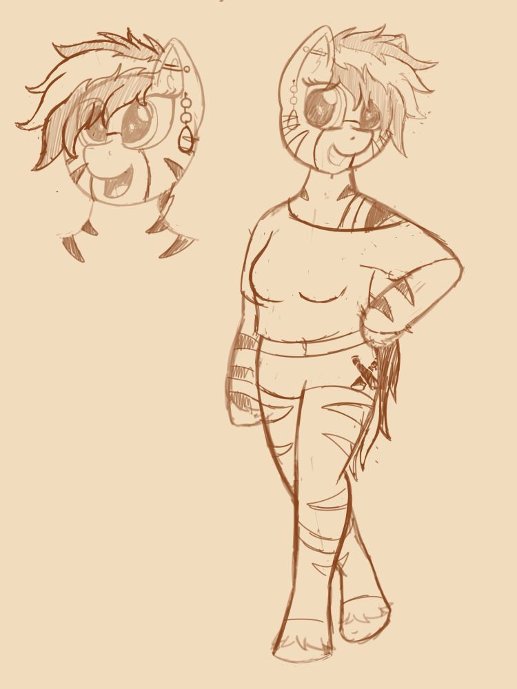 A concept sketch depicting an anthro MLP zebra with a crop top’ short shorts, and messy mane and tail.