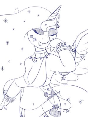 A WIP sketch of an anthro Luna from MLP:FIM, dressed in a rave outfit dazzling with jewelry, and adorned with an abundance of stars and sparkles.