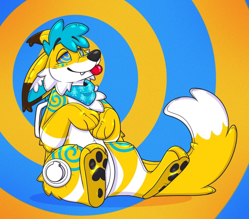 An art piece of CyberKitsune as a pooltoy with hypno spirals in his eyes