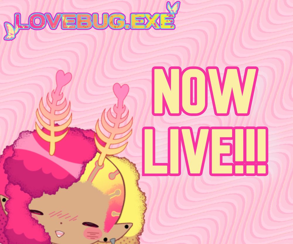 an image with a pink background, a humanoid moth with pink and yellow hair in the left corner, the text "LOVEBUG.EXE" at the top
