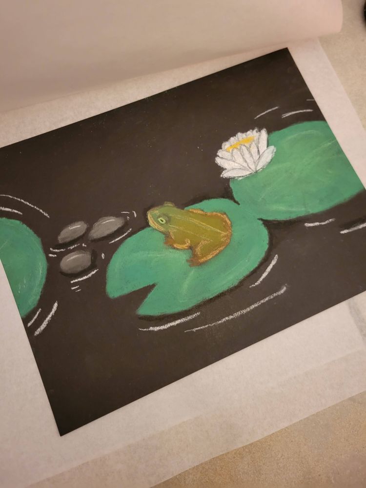 a pastel drawing of a frog and 3 lily pads with a flower and a few stones in the water