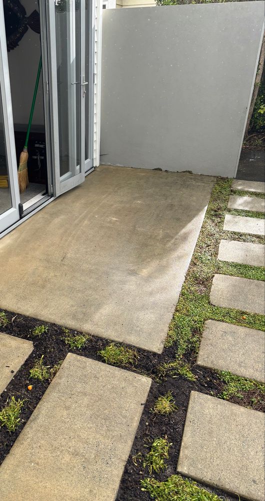 Same concrete pad and stepstones. Now they’re all clean. Ah, so nice and clean. And the plants are still there. 