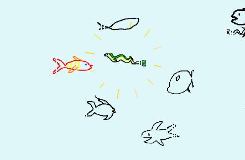 a bunch of hand-drawn fish on a pale blue background. Five are simple black outlines. One looks sharkish. One is red with yellow stripes. One, highlighted, mine, is a little eel (tuna) in yellow and green.