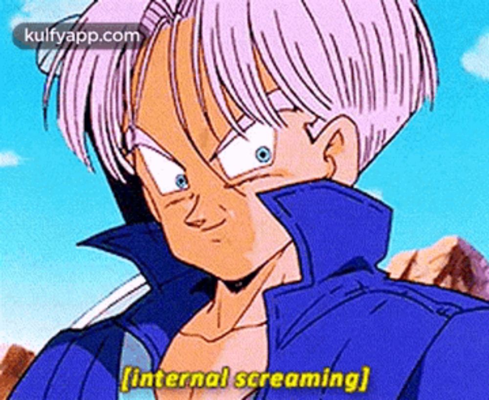 trunks from dragon ball z is making a funny face while wearing a blue jacket .