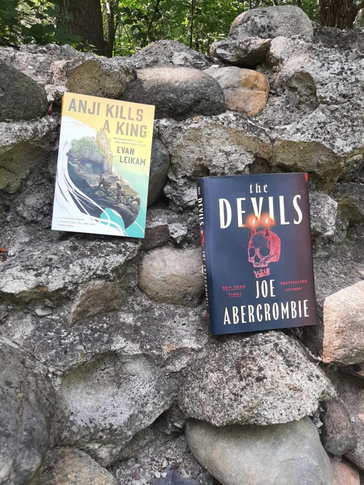 photo of the books "Anji Kills a King" and "The Devils" on a rock wall in a forest
