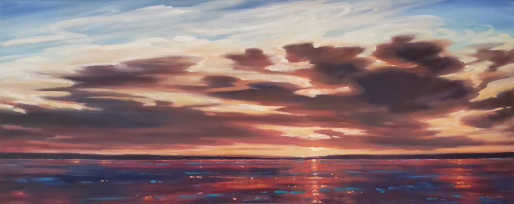 An original painting by Nicki Ault featuring a powerful sunset over a northern Canadian lake. The palette of warm, fiery, earthy colours is cooled by soft blues and teals as the sun recedes into the horizon.