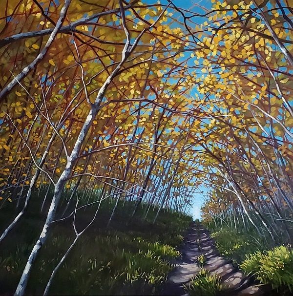 An original oil painting of a walking trail through a birch forest in autumn with dappled sunlight illuminating the scene.