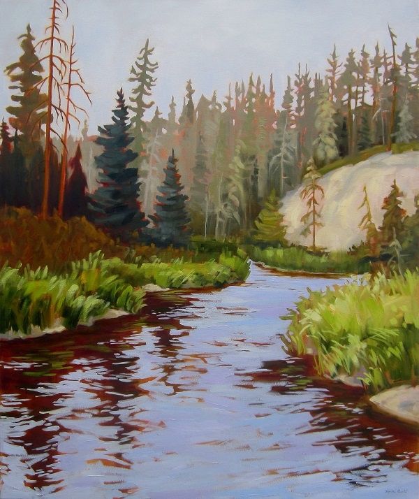 An original oil painting of the Kingsmere River in northern Saskatchewan, Canada where the Boreal forest is perched on sandy cliffs overlooking the winding river.