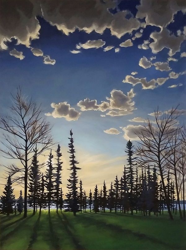 An original oil painting by Canadian artist Nicki Ault of the sun going down behind a stand of trees in the late afternoon. The backlit clouds and long shadows across the grassy field help add to the glowing effect of the distant sun.