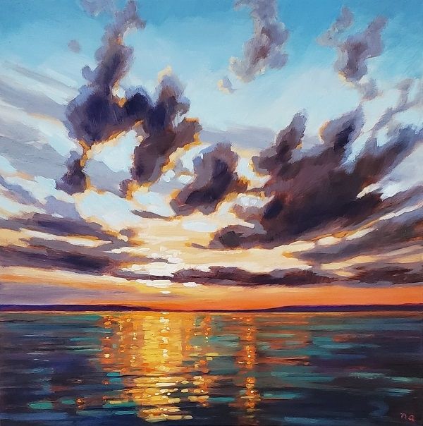 An original oil painting by Canadian artist Nicki Ault of a bold, glowing sunset over a northern lake. Golden light touches the edges of the clouds in front of a fading bluesky. The light is reflected on the blue and teal water in tones of yellow, ochre, and orange.
