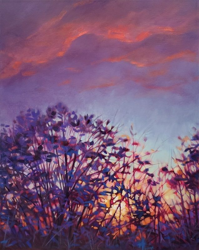 A dramatic original oil painting of a golden sun setting behind a stand of trees. The sunlight is made to appear tangled up in the branches. The clouds above reflect the heat of the sun.