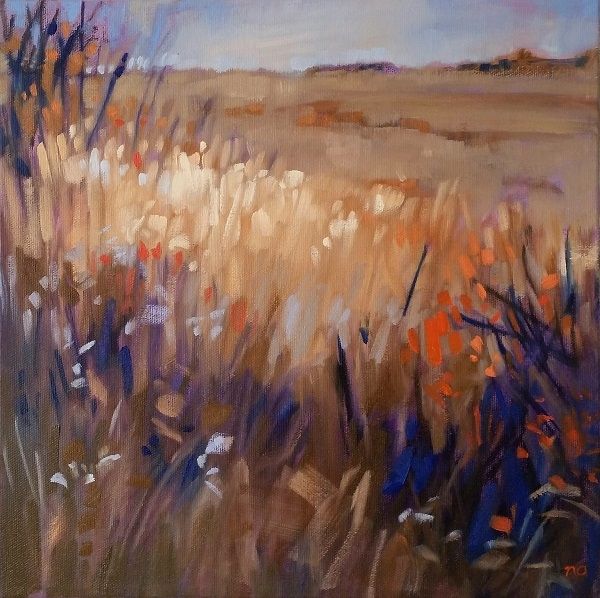 An original oil painting of wild and unruly grass and branches with hints of the complementary colours of orange and blue.
