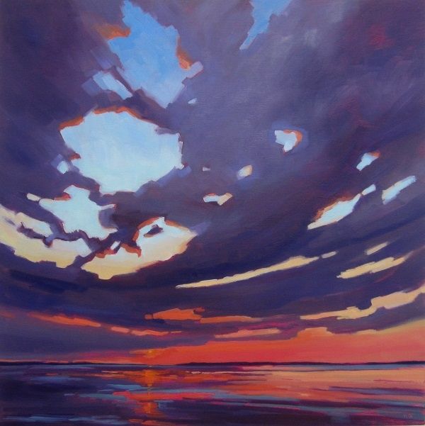 An original oil painting by Canadian artist Nicki Ault depicting a powerful sunset over a northern Canadian lake. The dramatic palette features dark blue clouds with a complementary fiery orange sky at the horizon. 