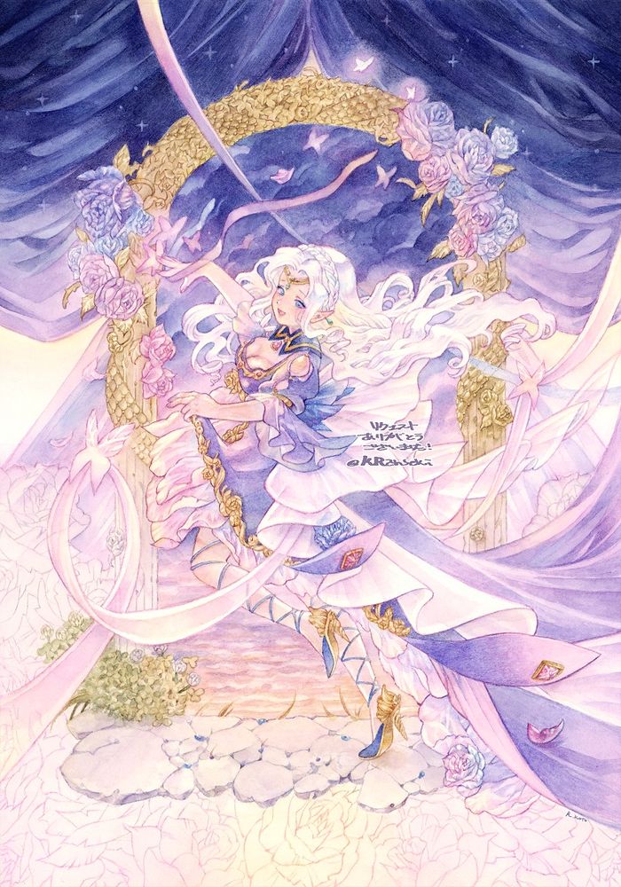 skebリクエストで制作した作品の画像。
クライアント様のオリジナルキャラクターが描かれている。
ピンク、紫、青が多く使われている。背景上部に夜空をモチーフにしたカーテンが描かれ、中央に装飾的な門、その下に踊っている人物が描かれている。