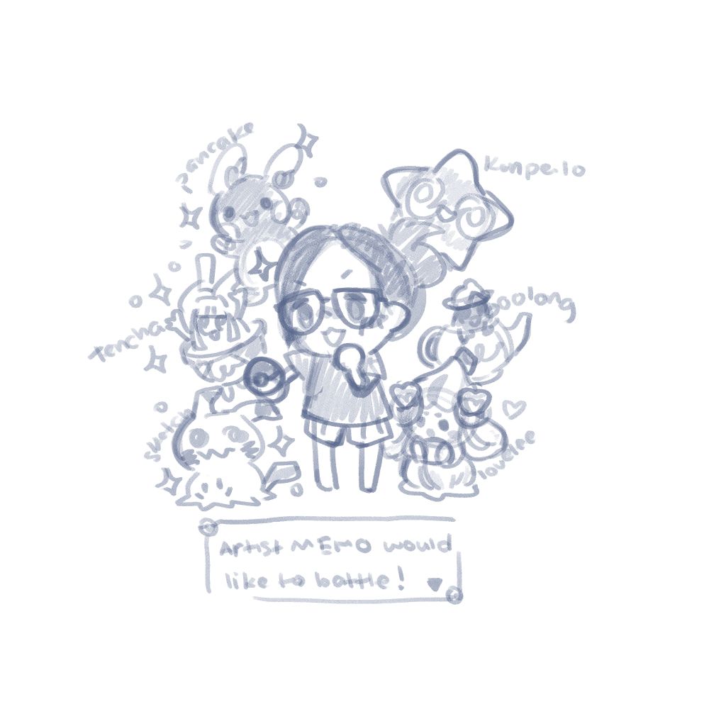 chibi rendition of the artist and their favorite pokemon
alolan raichu, sinistcha, polteageist, minior, mimikyu, and alcremie