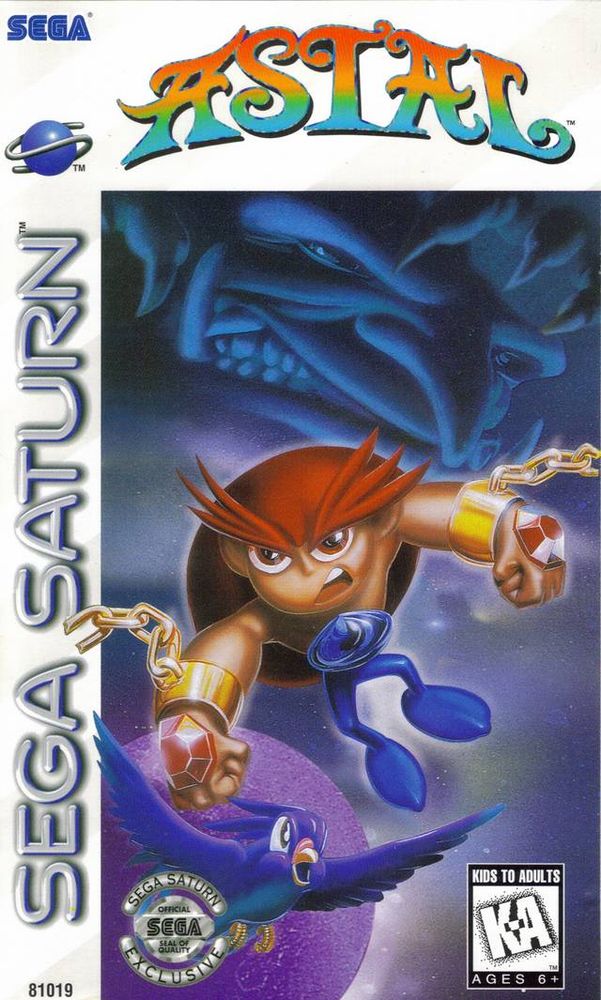 Box art for the Sega Saturn game Astal, showing a horrifying man-like creature, like a half-sized strongman crossed with a crab. Blue legs and armor(?) with red hair and massive spiky eyebrows, sporting hulking arms with gems and broken chains. A bird flees in the foreground; a stretched out creepy wizard dude or something lurks in the background.