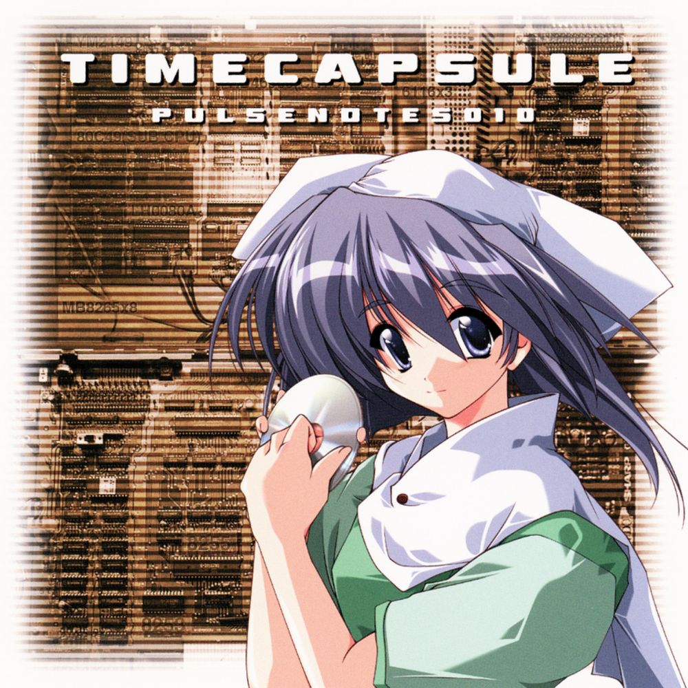 Album cover for the TIMECAPSULE album, a doujin release from the Pulsenotes record label. An anime figure of indeterminate gender, sporting blue-grey hair, a white hat, and green and white garb, holds a CD in their hands. Behind them is a photo of an arcade circuitboard recoloured in brown sepia with horizontal bars across it vaguely resembling scanlines on a CRT television display.