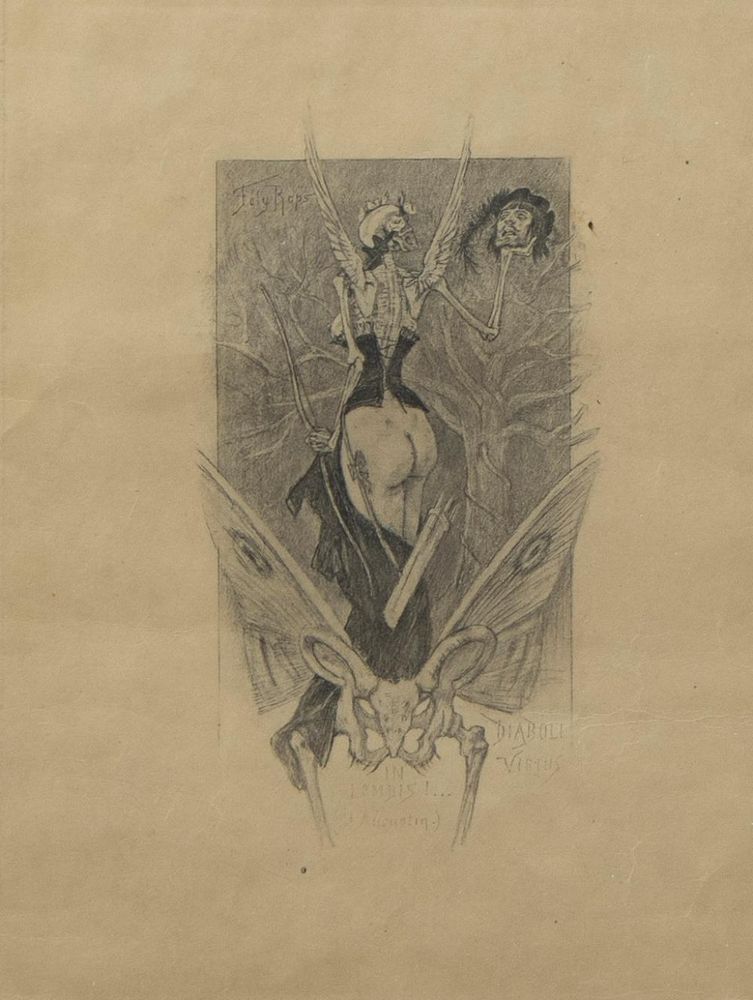 Félicien ROPS (1833-1898), etching The initiation of love, signed

Hyper realistic macabre surrealist artist. Against a background of leafless winter oaks a half naked woman drops her dress, revealing her firm ass but on top of her corset, she is turned into a skeleton with feathered angelwings, her left hand holds the robe and a bow, the arrows dangle behind her legs and the tie has a bowtie at her as,her right arm rises where she holds the head of a man with a hat with feather.
In front of her is a moth with large moth wings, but it's "skeleton" is actually the hip, hipbones and upper legs of a female. 
It gives macabre dark fairy vibes 