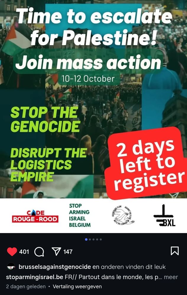 Time to escalate for Palestine 
Join mass action
Stop the genocide
Disrupt the logistics empire 
Code Rood Code Rouge 