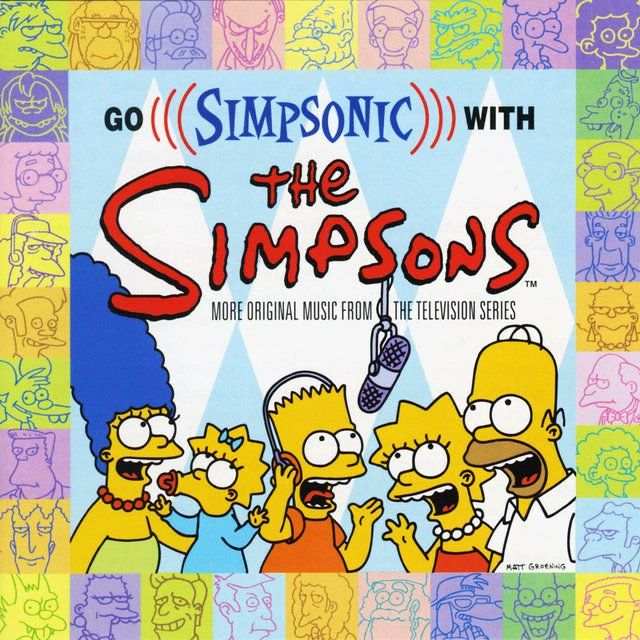 Album cover of "Go Simpsonic with the Simpsons". the core simpson family are in the middle singing into a microphone together, with a border made up of squares with various characters in them.