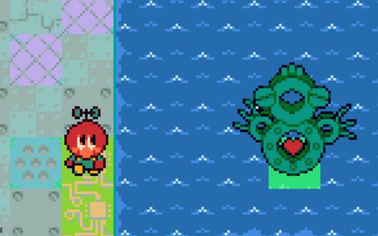 Orrery from Formless Star, a green dogu-esque creature made of hoops with a red heart in the middle