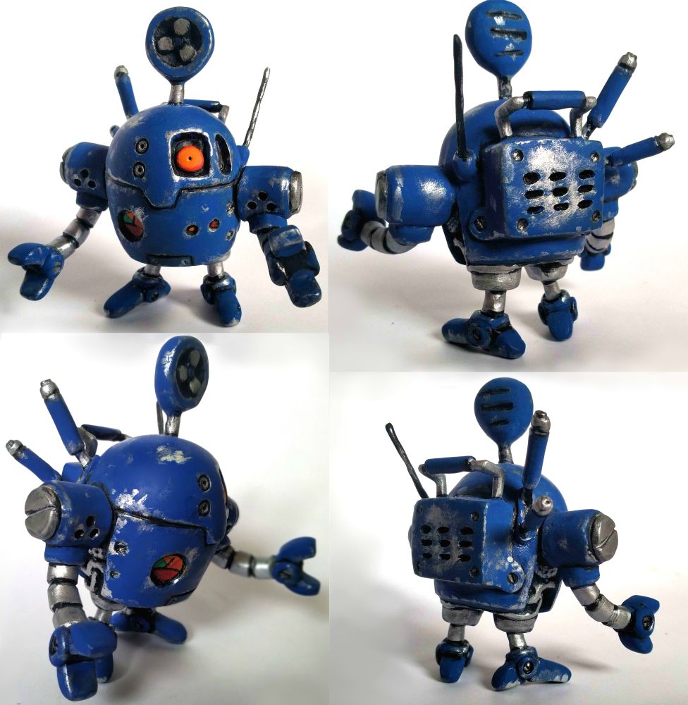 Fandroid, a blue robot with a single yellow eye placed asymetrically on the right side of its dome shaped head with a fan on top. Its body is roughly cylindrical with bolts holding it together, with a gauge on the left side of its body. Its arms are long metal tubes ending with claws. from its back, various pipes and antennae stick out.