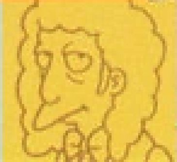 An unknown simpsons character with a fairly long face and nose, tired eyes, a bowtie, and shoulder length curly hair