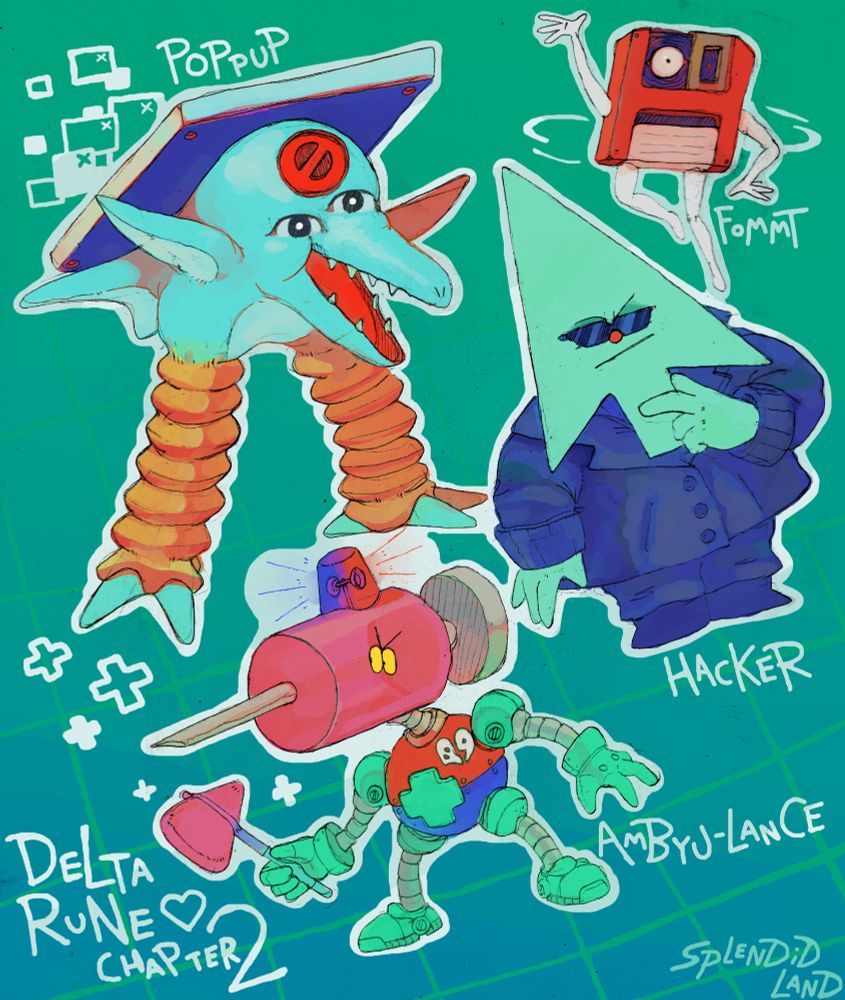 artwork of the characters Poppup, Ambyu-Lance, Hacker, and Fommt from deltarune ch2