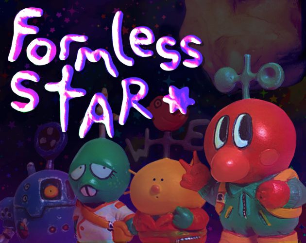 "formless star", clay models of characters with various propellers on their heads are stood in a row in front of a starry background.