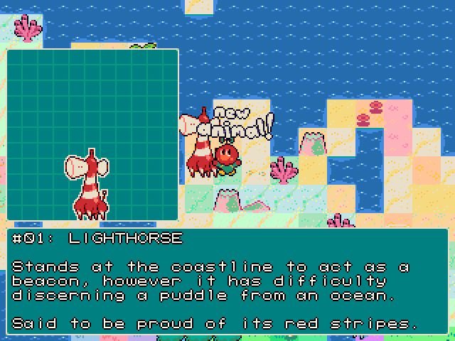 Finding the animal "Lighthorse", which looks like a lighthouse with legs, and a head made out of transparent cones of light.
"Stands at the coastline to act as a beacon, however it has difficulty discerning a puddle from an ocean. said to be proud of its red stripes."