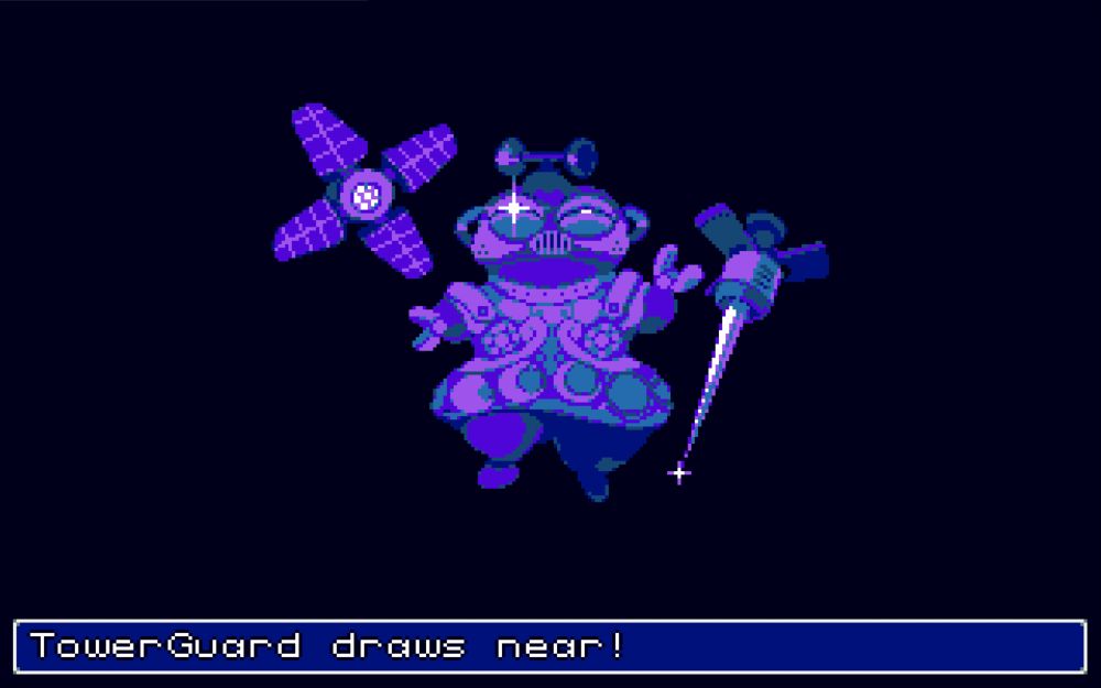 TowerGuard from FRANKEN, a purple robotic dogu with orbiting satellite weapons