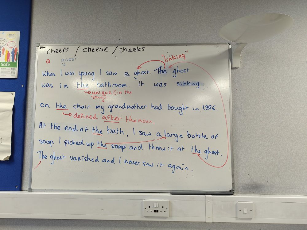 A whiteboard showing some text demonstrating the use of definite and indefinite articles in English. 
