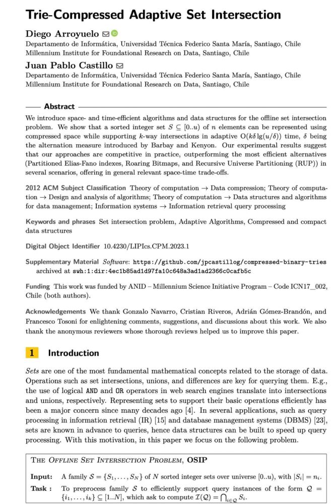 Front Page Screenshot of paper titled "Trie-Compressed Adaptive Set Intersection" by Diego Arroyuelo and Juan Pablo Castillo