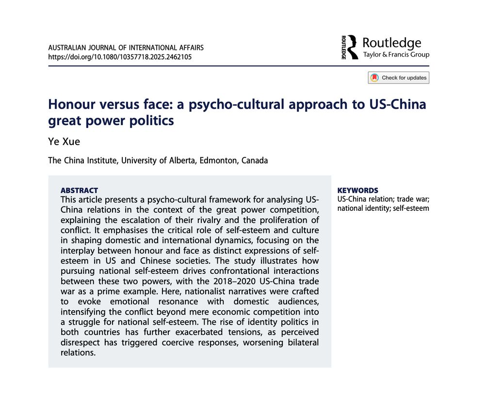ABSTRACT
"This article presents a psycho-cultural framework for analysing US-China relations in the context of the great power competition, explaining the escalation of their rivalry and the proliferation of conflict. It emphasises the critical role of self-esteem and culture in shaping domestic and international dynamics, focusing on the interplay between honour and face as distinct expressions of self-esteem in US and Chinese societies. The study illustrates how pursuing national self-esteem drives confrontational interactions between these two powers, with the 2018-2020 US-China trade war as a prime example. Here, nationalist narratives were crafted to evoke emotional resonance with domestic audiences, intensifying the conflict beyond mere economic competition into a struggle for national self-esteem. The rise of identity politics in both countries has further exacerbated tensions, as perceived disrespect has triggered coercive responses, worsening bilateral relations". Keywords: US-China relations; trade war; national identity; self-esteem.