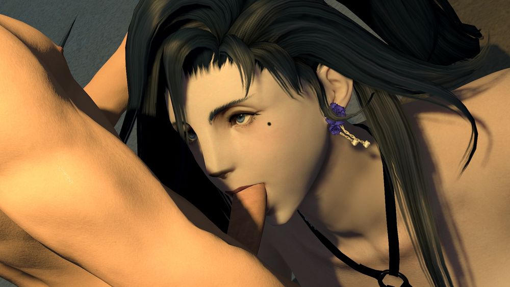 Mesu looking upwards while sucking on Aaron's cock