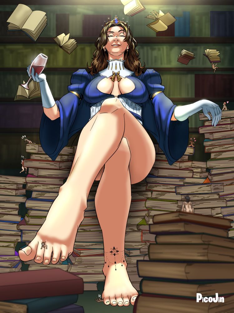 Goddess and giantess Kassandra on her throne of books with several tiny peasants vying for her attention. All wishing to live under her rule.