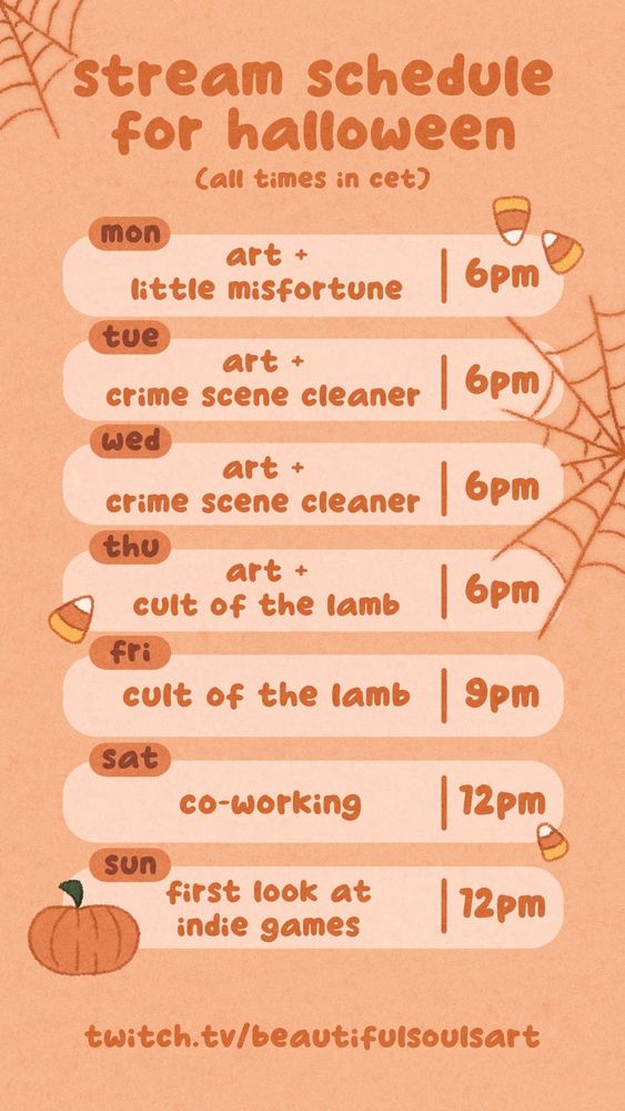 A graphic showing the same stream schedule as in the written post. It's decorated with sone candy corn, pumpkins and spiderwebs