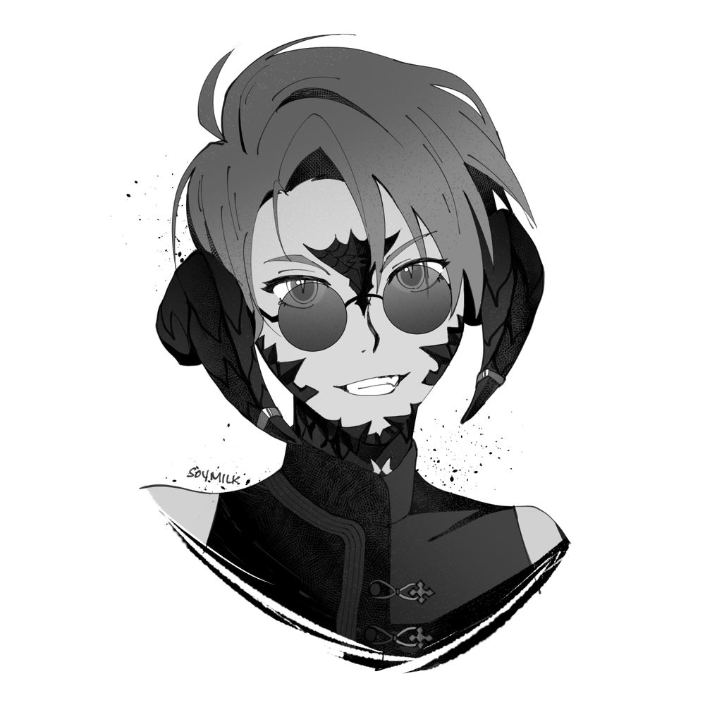 Black and white headshot of an au ra