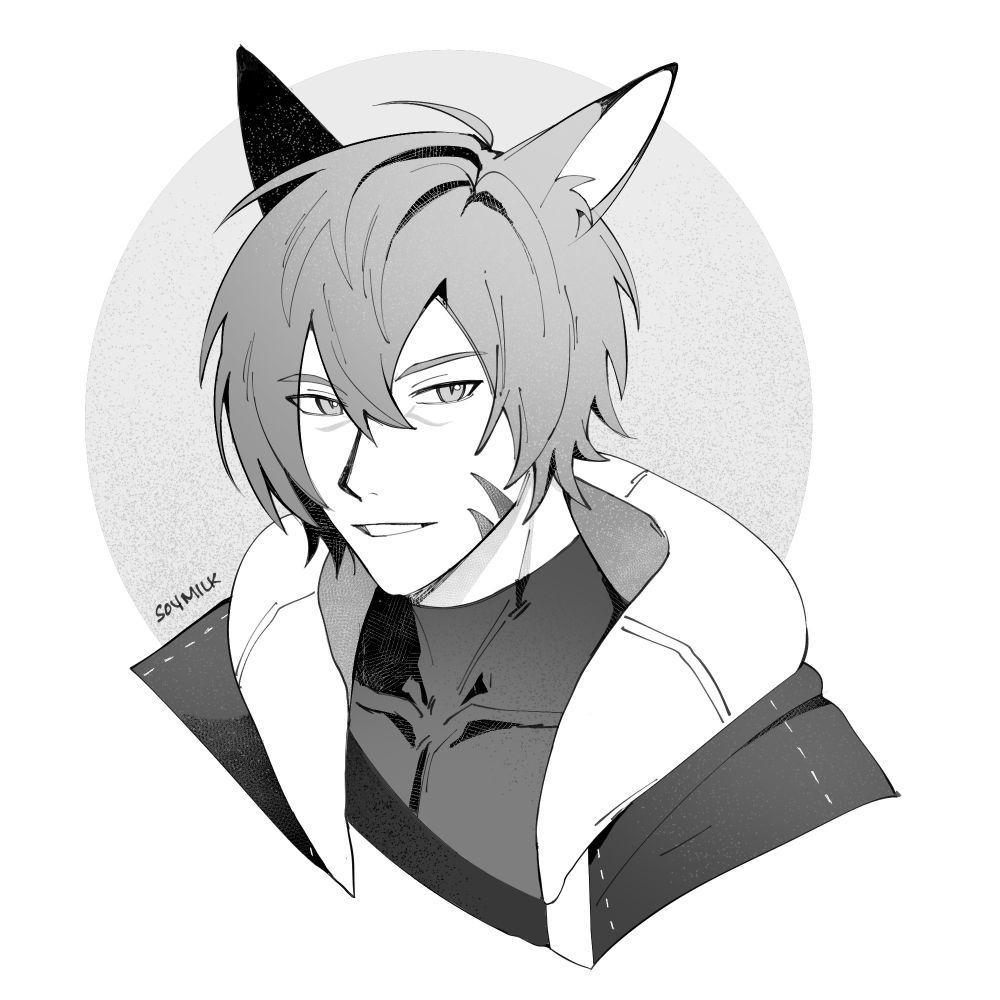 Black and white headshot of a miqote character

