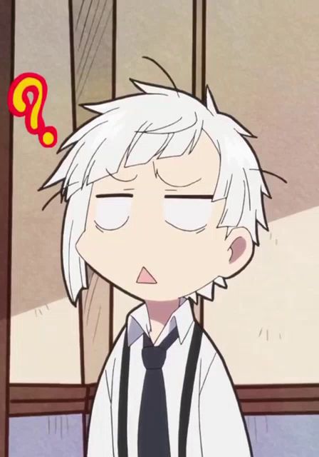 a cartoon character with white hair and a black tie making a funny face