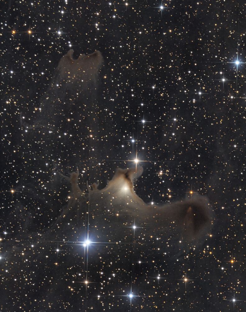 "The Ghost Nebula is referred to as a globule (catalogued CB230) and over 2 light-years across. There are several stars embedded, whose reflected light make the nebula appear a yellowish-brown colour"