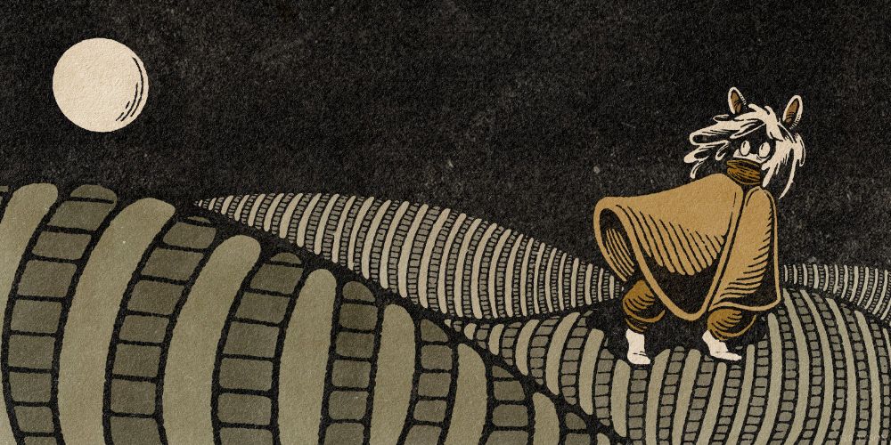Digital art in the style of old print. A humanoid character, decked with hooded ears and orange garb, stands on a green striped hill. They look over their shoulder at the full moon in a dark sky.