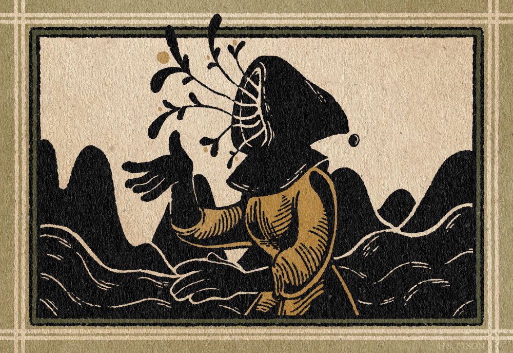 Digital illustration depicting a hooded figure. Her face is not visible, but in its place are stylized shoots protruding from the hood’s opening. Dark mountains are visible in the background.