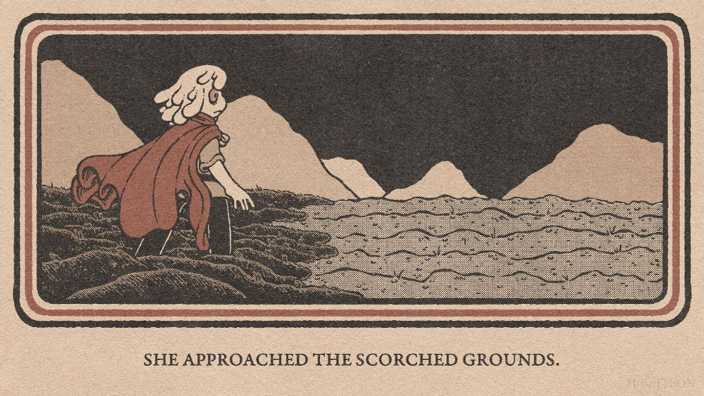 A digital illustration of a pale humanoid figure wearing a red cape. Standing on uneven brown grass, she stares out to a field of singed earth. Below the illustration reads “She approached the scorched grounds.”