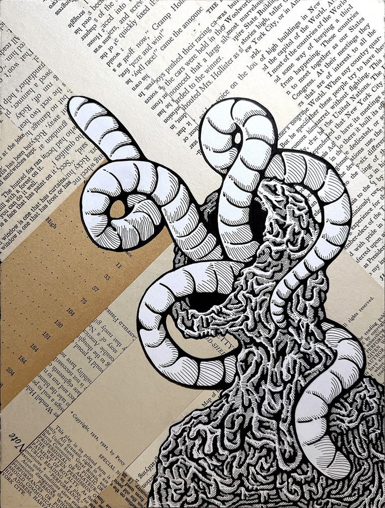 A cutout ink drawing on a panel covered in old book pages. The ink drawing, pasted on the bottom right corner, is of a vaguely human-shaped mound made of organic material. Giant worms squirm out of it.