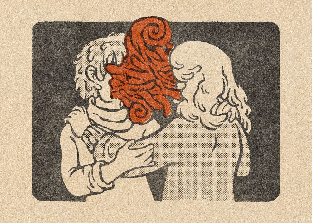 Digital art of two women gently holding onto one another. Both women are missing their faces. A reddish-orange tangled mass of organic material flows out from where their faces should be and connects them together.
