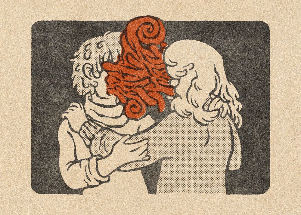 Digital art of two women gently holding onto one another. Both women are missing their faces. A reddish-orange tangled mass of organic material flows out from where their faces should be and connects them together.