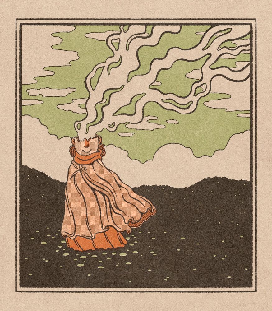 Digital illustration of a figure standing in a dark field. The top half of the figure's head is missing similarly to a piece of broken ceramic. The opening in their head emits a smoke-like substance that floats into a cloudy, green sky.