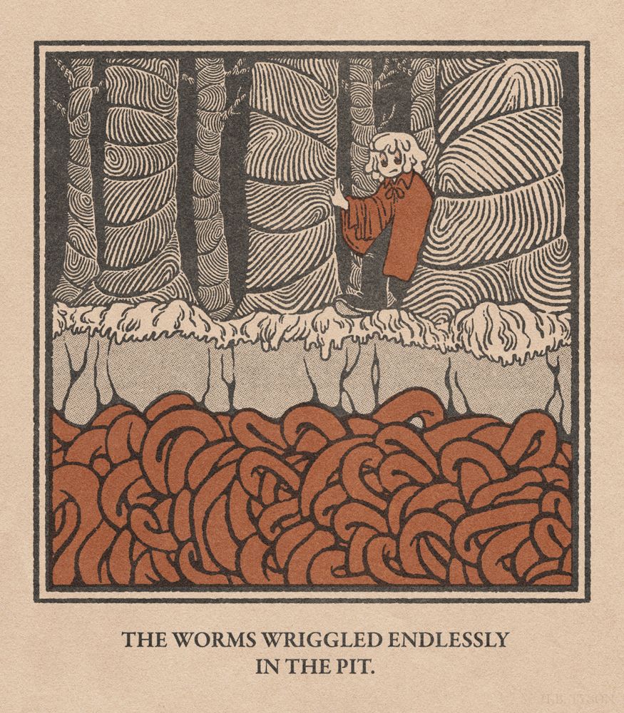 A digital illustration in the style of a vintage storybook. A pale, humanoid figure wearing a red cloak is in the middle of a dark forest. The trees surrounding her have circular patterns carved into their bark. She stands on the edge of a pit that is filled with a tangled mass of worm-like creatures. Below the illustration reads "The worms wriggled endlessly in the pit."