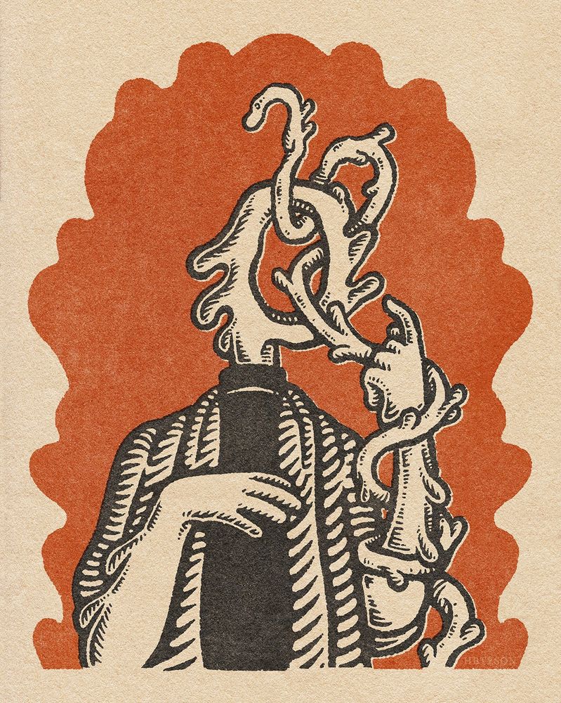 A digital illustration in the style of a woodcut. It depicts the upper half of humanoid figure whose “head” is a flattened organic shape. A serpentine creature delicately wraps around the figure’s arm and into an opening in their face. The figure handles the creature gently.